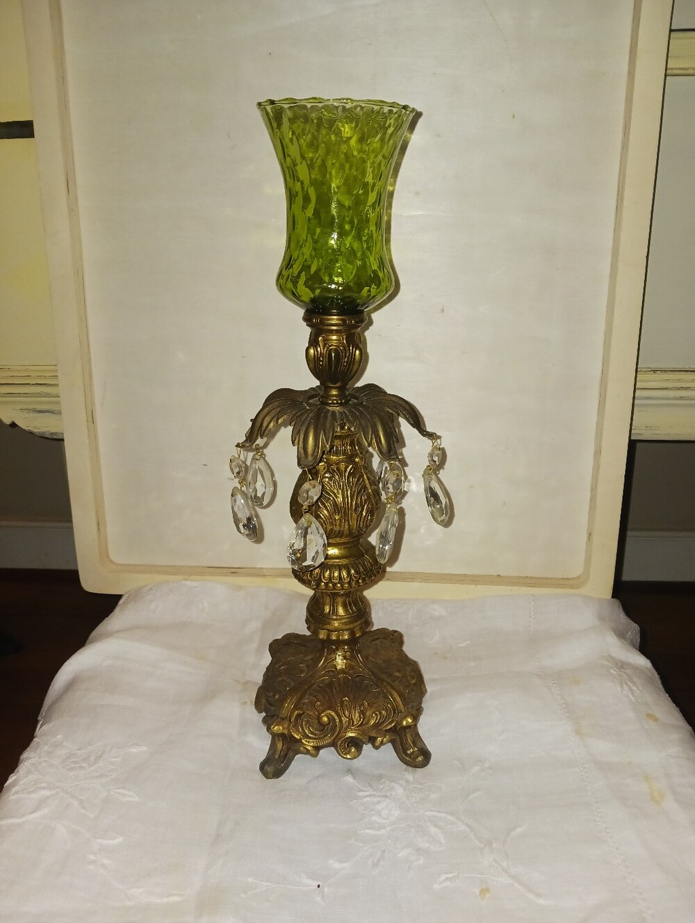 Ornate Green Glass and Brass Decorative Candle Holder